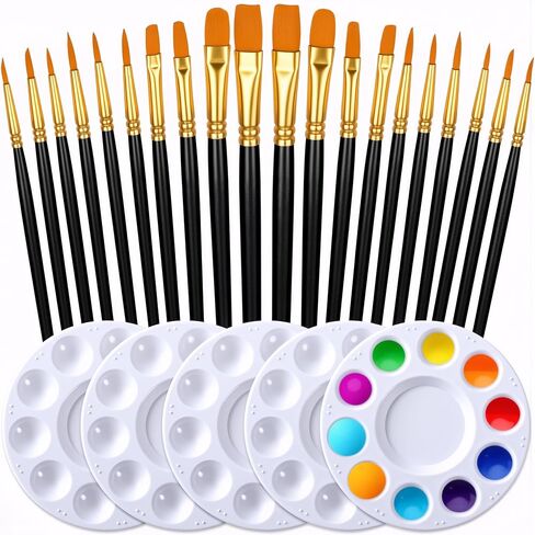 Paint Brushes Palettes Set by DUGATO, 2 Packs/20pcs Round Pointed Tip Nylon Hair Brushes with 5 Paint Trays for Acrylic Watercolor Oil Gouache Tempera and Body Painting in Kuwait