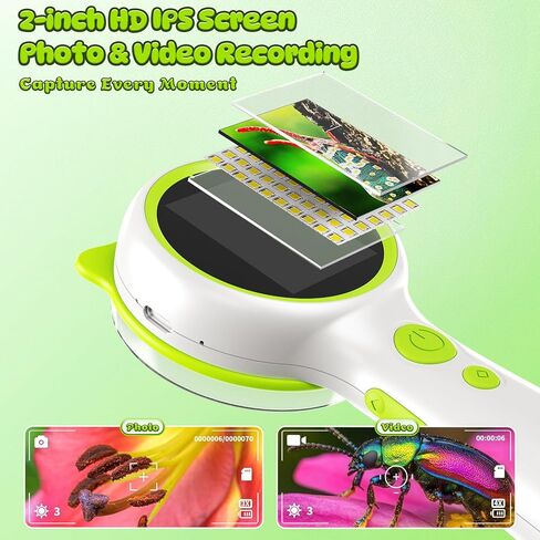 مجهر وكاميرا للأطفال 3 في 1 - شاشة LCD مقاس 2 بوصة، 600x، تركيز قابل للتعديل، مقبض زجاجي مكبر، محمول باليد للاستكشاف في الهواء الطلق، تعلم العلوم والتكنولوجيا والهندسة والرياضيات in Kuwait