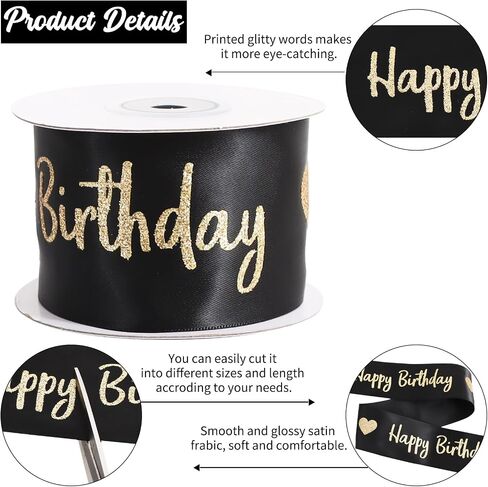 TONIFUL Glitter Black Happy Birthday Satin Ribbon 2 Inch x 10 Yards Wide Printed Shiny Ribbon for Gift Wrapping,Flower Bouquet Decoration,Crafts,Banner Making and Party Supply in Saudi Arabia