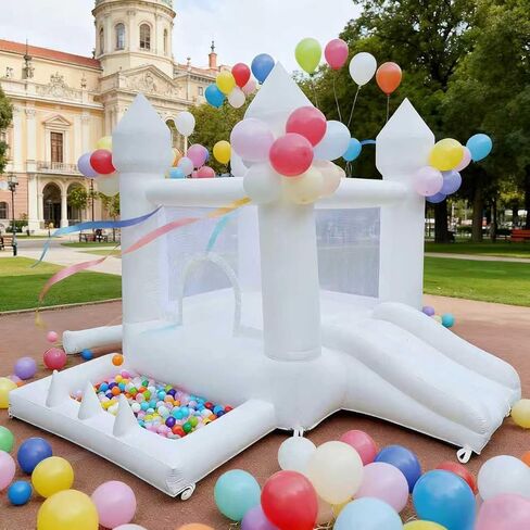 White Bounce House, Indoor and Outdoor Bouncy Castle, Inflatable Bounce House with Ball Pit & Slide, Bounce House for Kids Ages 3-6, Great for Birthday Parties, Outdoor Play, Backyard Gifts in Saudi Arabia