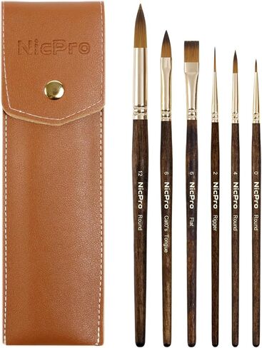 Nicpro Travel Watercolor Brushes Set, 6Pcs Kolinsky Sable Performance Paint Brush for Professional Artist & Beginners with Round, Rigger, Cats Tongue, Oval Wash for Water Color, Ink Gouache Painting in Saudi Arabia