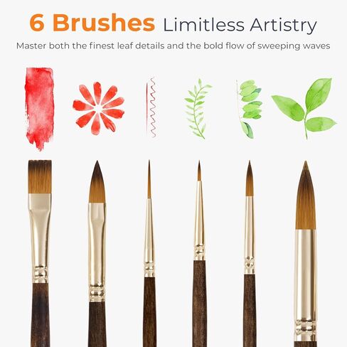 Nicpro Travel Watercolor Brushes Set, 6Pcs Kolinsky Sable Performance Paint Brush for Professional Artist & Beginners with Round, Rigger, Cats Tongue, Oval Wash for Water Color, Ink Gouache Painting in Saudi Arabia