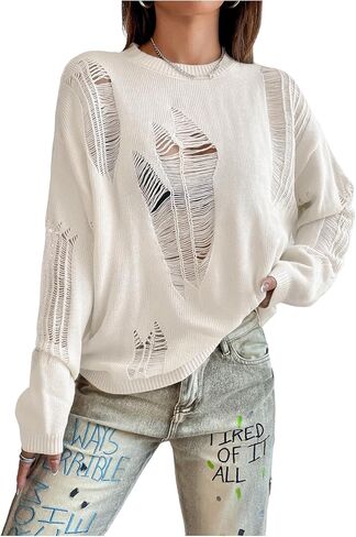 GORGLITTER Women's Ripped Drop Shoulder Sweater Top Long Sleeve Round Neck Pullovers in Kuwait