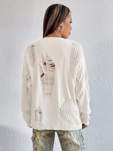 GORGLITTER Women's Ripped Drop Shoulder Sweater Top Long Sleeve Round Neck Pullovers in Kuwait