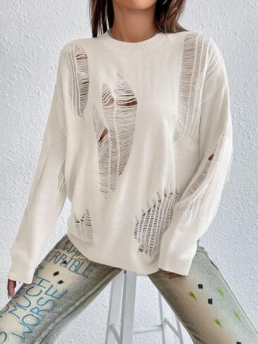 GORGLITTER Women's Ripped Drop Shoulder Sweater Top Long Sleeve Round Neck Pullovers in Kuwait