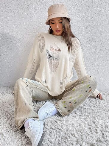 GORGLITTER Women's Ripped Drop Shoulder Sweater Top Long Sleeve Round Neck Pullovers in Kuwait