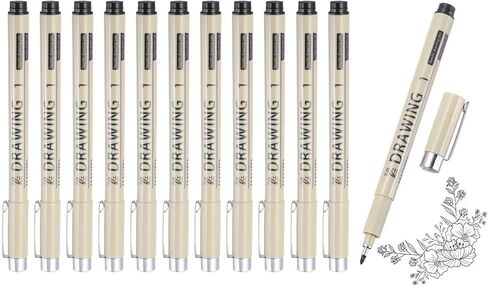 MECCANIXITY 1 أقلام حبر Fineliner، 12 قطعة أقلام سوداء صغيرة مقاس 1.0 مم مع حبر أرشيفي مقاوم للماء لرسم الألوان المائية والرسم الفني للرسوم المتحركة in Kuwait
