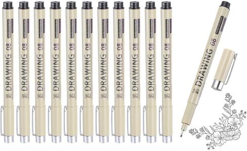 MECCANIXITY 1 أقلام حبر Fineliner، 12 قطعة أقلام سوداء صغيرة مقاس 1.0 مم مع حبر أرشيفي مقاوم للماء لرسم الألوان المائية والرسم الفني للرسوم المتحركة in Kuwait