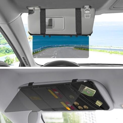 Polarized Car Sun Visor with Organizer, Upgraded Adjustable Visor Extension, PU Leather Universal Sun Glare Protector Against UV Rays & Snow Blindness in Saudi Arabia