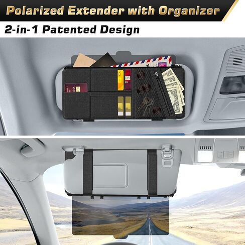 Polarized Car Sun Visor with Organizer, Upgraded Adjustable Visor Extension, PU Leather Universal Sun Glare Protector Against UV Rays & Snow Blindness in Saudi Arabia