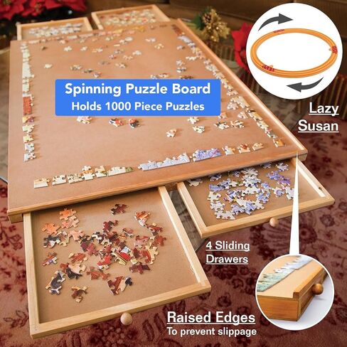 قطع وقطع - لوحة ألغاز دوارة مكونة من 1000 قطعة مع أدراج - لوحة ألغاز خشبية قياسية أصلية مع قاعدة دوارة - منظم ألغاز الصور المقطوعة الفاخر على الطاولة ونظام تخزين الألغاز in Saudi Arabia