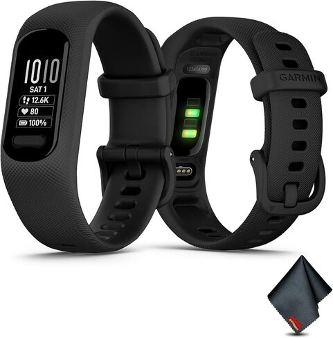 Garmin vívosmart 5، جهاز تعقب اللياقة البدنية، بطارية طويلة الأمد، تصميم بسيط، حزمة كبيرة سوداء مع قطعة قماش للتنظيف من الألياف الدقيقة in Saudi Arabia
