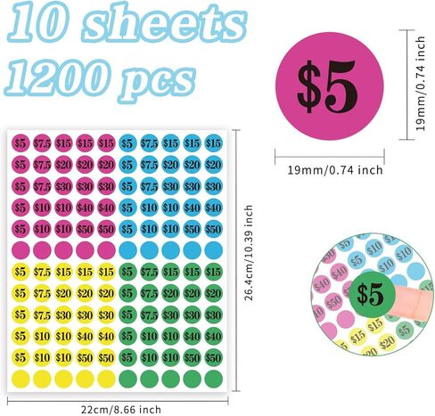 1200 Pcs Garage Sale Stickers,3/4" Yard Sale Price Sticker Rectangle Preprinted Price Labels for Fle Market Sale（Transparent Round-Large Price） in Kuwait
