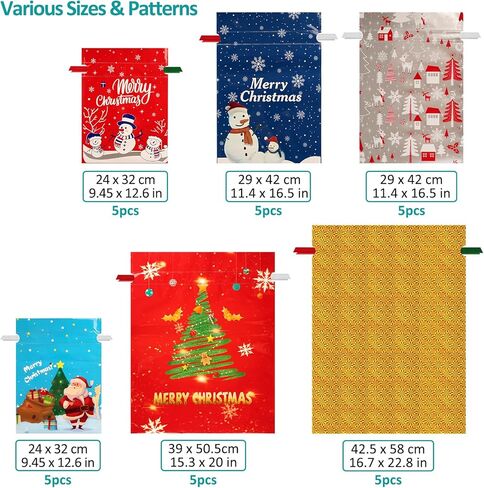 habgp 30 PCS Christmas Gift Bags, Xmas Drawstring Gift Bags Assorted Sizes for Christmas Holiday Present Wrapping & Festival Party Supplies, Large Medium Small in Saudi Arabia