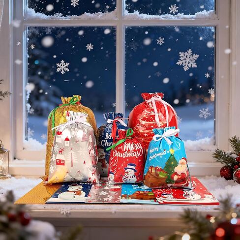 habgp 30 PCS Christmas Gift Bags, Xmas Drawstring Gift Bags Assorted Sizes for Christmas Holiday Present Wrapping & Festival Party Supplies, Large Medium Small in Saudi Arabia