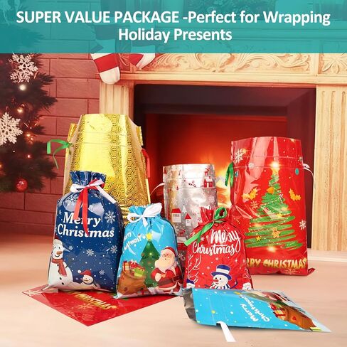 habgp 30 PCS Christmas Gift Bags, Xmas Drawstring Gift Bags Assorted Sizes for Christmas Holiday Present Wrapping & Festival Party Supplies, Large Medium Small in Saudi Arabia