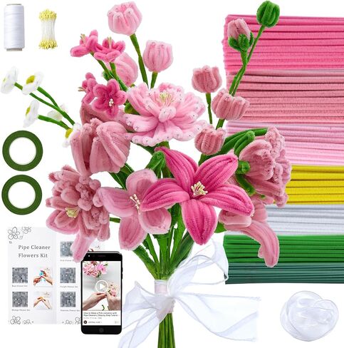LENYNAL 500 Pcs Pipe Cleaners Craft Bulk, Pink Pipe Cleaner Flower Kit, Glue-Free & Safe for Kids, Step-by-Step Tutorial, 6 Colors Chenille Stems for Flower Making in Kuwait