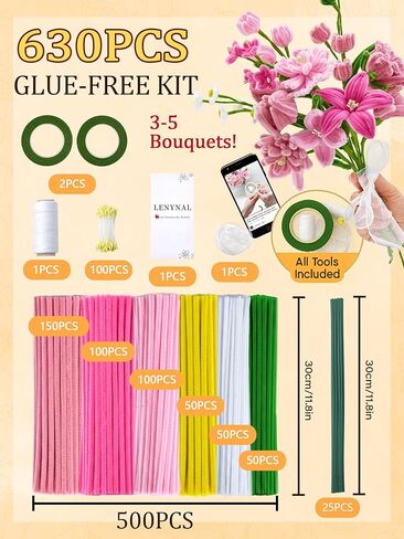 LENYNAL 500 Pcs Pipe Cleaners Craft Bulk, Pink Pipe Cleaner Flower Kit, Glue-Free & Safe for Kids, Step-by-Step Tutorial, 6 Colors Chenille Stems for Flower Making in Kuwait