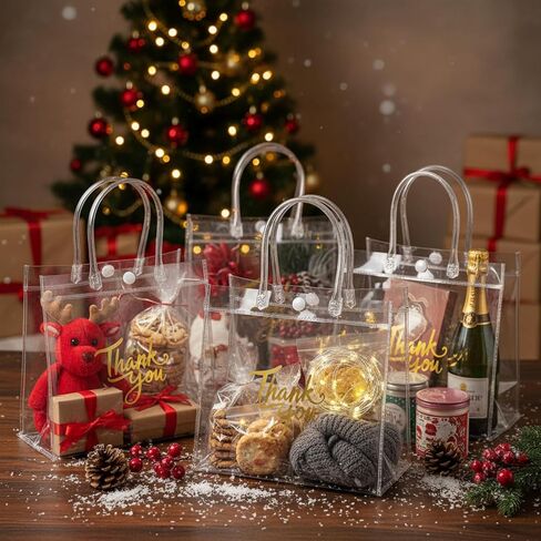 Leinuosen 50 Pcs Clear Gift Bags with Handle Thank You Gift Bags Transparent PVC Gift Wrap Tote Bag Reusable Gift Bags for Wedding Birthday Party Favor(Clear, 5.9 x 5.1 x 2.76 Inch) in Saudi Arabia