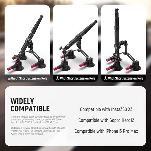 Neewer Triple Suction Cup Car Mount Kit with 2in1 Extension Pole/Selfie Stick, Quick Release Outside Windshield Magic Arm Camera Mount with Action Camera Adapter Compatible with Insta360, CA065 in Saudi Arabia