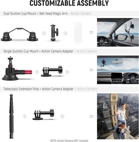 Neewer Triple Suction Cup Car Mount Kit with 2in1 Extension Pole/Selfie Stick, Quick Release Outside Windshield Magic Arm Camera Mount with Action Camera Adapter Compatible with Insta360, CA065 in Saudi Arabia
