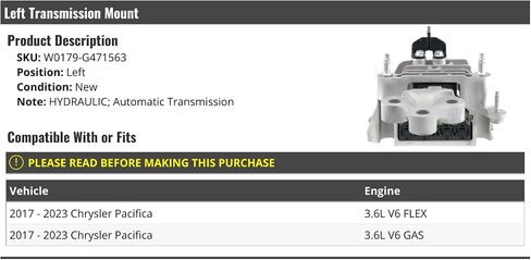 Left Driver Side Transmission Mount - Compatible with 2017-2023 Chrysler Pacifica 3.6L V6 (with Automatic Transmission) in Saudi Arabia