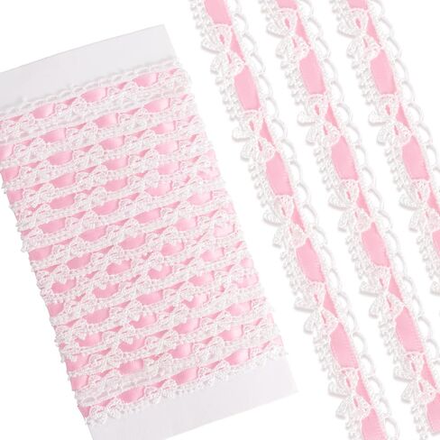 2 Yards Pink Lace Trim Ribbon, Vintage Lace Ribbon Roll for Bridal, Bow Trim Sewing Accessories for Bouquet Packaging Wrapping Wedding Decorations DIY Crafts in Saudi Arabia