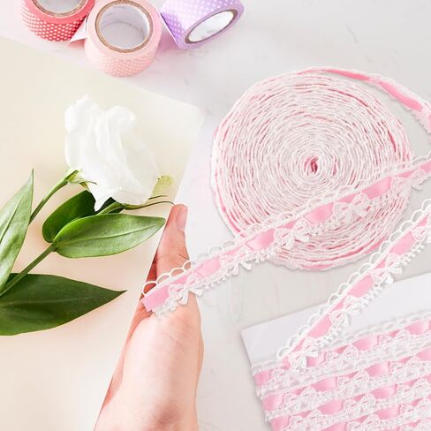 2 Yards Pink Lace Trim Ribbon, Vintage Lace Ribbon Roll for Bridal, Bow Trim Sewing Accessories for Bouquet Packaging Wrapping Wedding Decorations DIY Crafts in Saudi Arabia