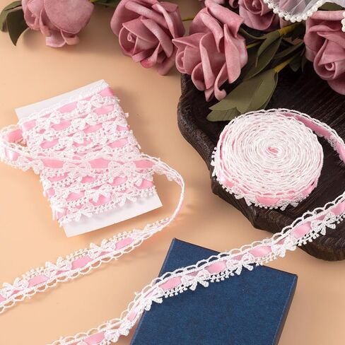 2 Yards Pink Lace Trim Ribbon, Vintage Lace Ribbon Roll for Bridal, Bow Trim Sewing Accessories for Bouquet Packaging Wrapping Wedding Decorations DIY Crafts in Saudi Arabia