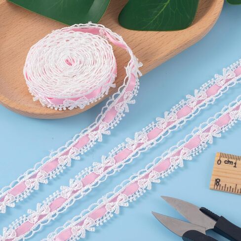 2 Yards Pink Lace Trim Ribbon, Vintage Lace Ribbon Roll for Bridal, Bow Trim Sewing Accessories for Bouquet Packaging Wrapping Wedding Decorations DIY Crafts in Saudi Arabia