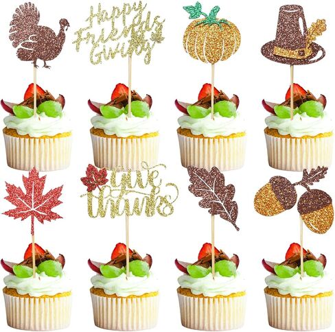 24 Pack Happy Thanksgiving Cupcake Toppers Set, Orange Glitter Pumpkin Turkey Cupcake Picks for Baby Shower, Thanksgiving Day and Birthday Party Decorations Supplies (Multi Patterns A) in Saudi Arabia