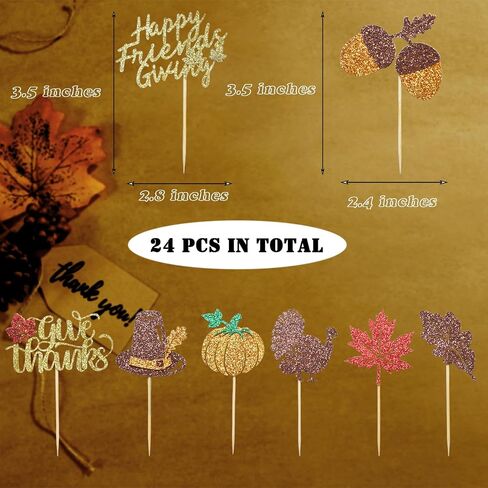 24 Pack Happy Thanksgiving Cupcake Toppers Set, Orange Glitter Pumpkin Turkey Cupcake Picks for Baby Shower, Thanksgiving Day and Birthday Party Decorations Supplies (Multi Patterns A) in Saudi Arabia
