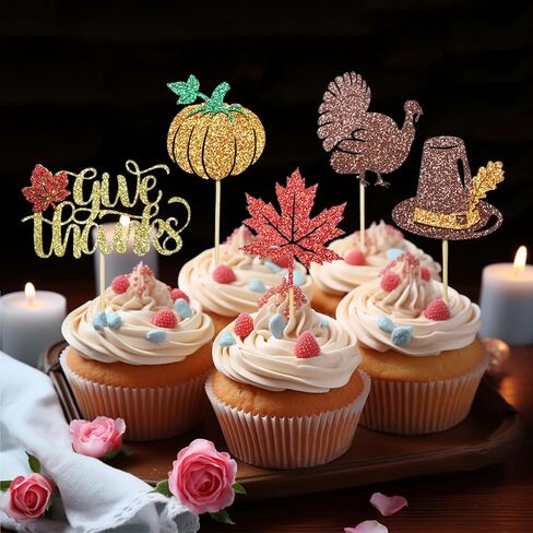24 Pack Happy Thanksgiving Cupcake Toppers Set, Orange Glitter Pumpkin Turkey Cupcake Picks for Baby Shower, Thanksgiving Day and Birthday Party Decorations Supplies (Multi Patterns A) in Saudi Arabia