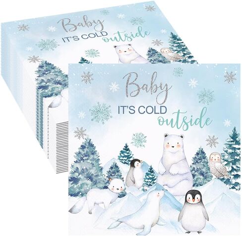 80 Pcs Winter Woodland Baby Shower Paper Napkins Arctic Animals Baby It's Cold Outside Party Disposable Napkins Snowflake Polar Bear Penguin Kids Birthday Party Table Decorations Supplies in Saudi Arabia