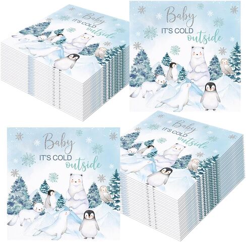 80 Pcs Winter Woodland Baby Shower Paper Napkins Arctic Animals Baby It's Cold Outside Party Disposable Napkins Snowflake Polar Bear Penguin Kids Birthday Party Table Decorations Supplies in Saudi Arabia