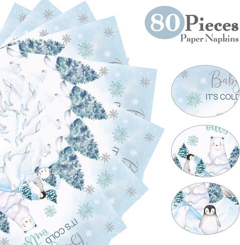 80 Pcs Winter Woodland Baby Shower Paper Napkins Arctic Animals Baby It's Cold Outside Party Disposable Napkins Snowflake Polar Bear Penguin Kids Birthday Party Table Decorations Supplies in Saudi Arabia