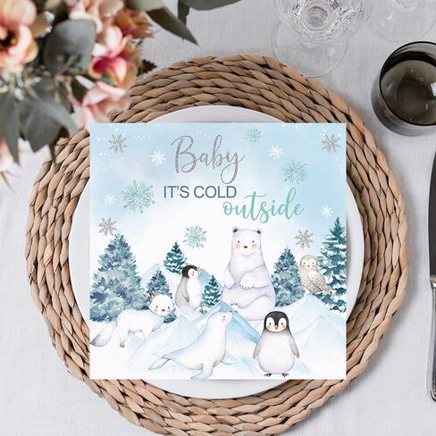 80 Pcs Winter Woodland Baby Shower Paper Napkins Arctic Animals Baby It's Cold Outside Party Disposable Napkins Snowflake Polar Bear Penguin Kids Birthday Party Table Decorations Supplies in Saudi Arabia
