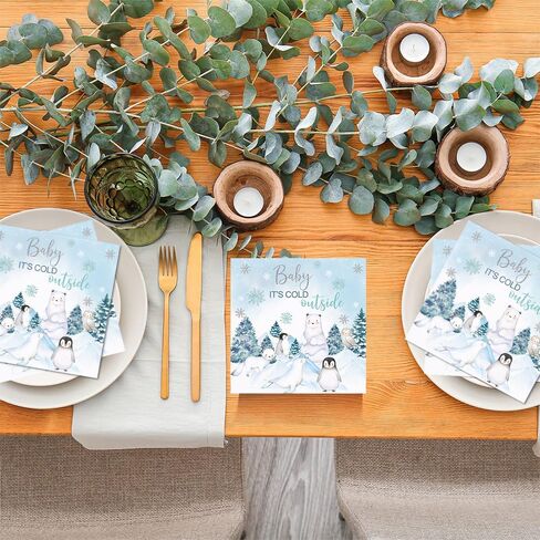 80 Pcs Winter Woodland Baby Shower Paper Napkins Arctic Animals Baby It's Cold Outside Party Disposable Napkins Snowflake Polar Bear Penguin Kids Birthday Party Table Decorations Supplies in Saudi Arabia