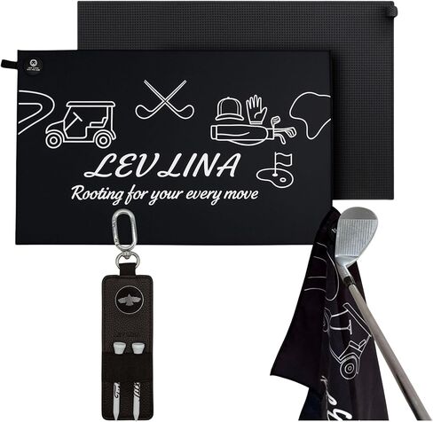 منشفة جولف مغناطيسية للرجال (جلد سويدي من الألياف الدقيقة على الوجهين + وافل) - مجموعة هدايا مناشف للحقائب مع حامل من جلد البولي يوريثان، مغناطيس قوي N52 (أسود) in Kuwait