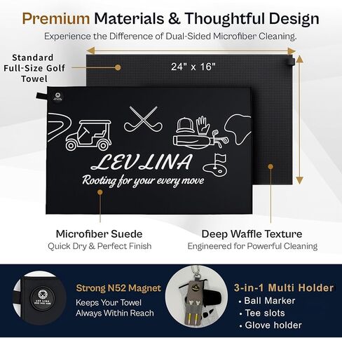 منشفة جولف مغناطيسية للرجال (جلد سويدي من الألياف الدقيقة على الوجهين + وافل) - مجموعة هدايا مناشف للحقائب مع حامل من جلد البولي يوريثان، مغناطيس قوي N52 (أسود) in Kuwait