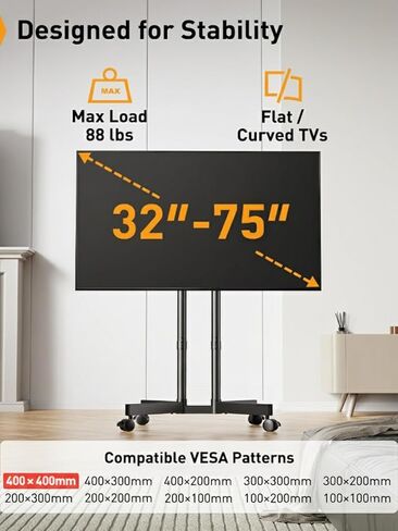 Perlegear Rolling TV Stand, Mobile TV Stand on Wheels for 32-85 Inch Screens up to 132 lbs, Height Adjustable Mobile TV Cart with Metal Shelf, Rolling TV Cart with Lockable Wheels Max VESA 600x400mm in Kuwait