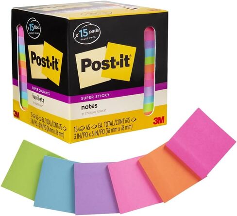 Post-it Super Sticky Notes, Assorted Bright Colors, 3x3 in, 15 Pads/Pack, 45 Sheets/Pad, 2X The Sticking Power, Recyclable, Multi-Color in Kuwait