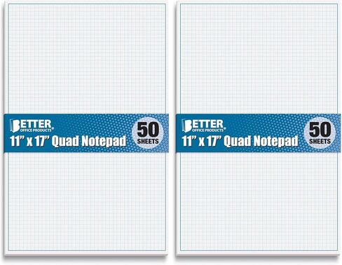 وسادة ورق رسم بياني من Better Office Products، 17 بوصة × 11 بوصة، 50 ورقة، حدود خط أزرق، ورق مخطط، مزدوج الجوانب، أبيض، قاعدة رباعية زرقاء 4x4، أوراق سهلة التمزيق، ورق شبكي، ورق رسم بياني in Kuwait