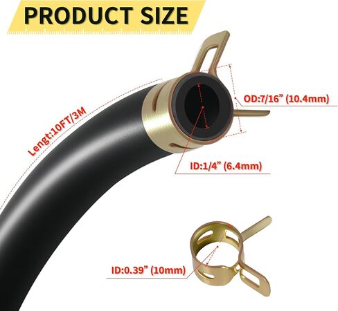 1/4 Inch ID Fuel Line Hose 10ft with 20 Clamps Kit - Replacement for Small Engines - Compatible with Kawasaki Kohler Briggs & Stratton Small Gas Diesel Powersports Engines and Generators in Saudi Arabia