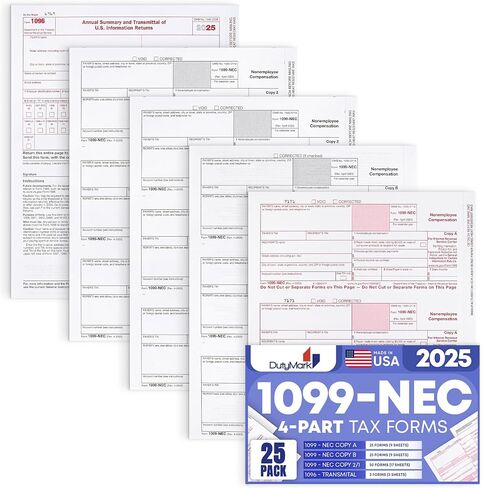 Dutymark 1099 NEC Forms 2023 4-Part Tax Forms Kit, Compatible with QuickBooks and Accounting, 25 Pack, Software and Envelopes NOT Included Software, Made in The USA in Saudi Arabia