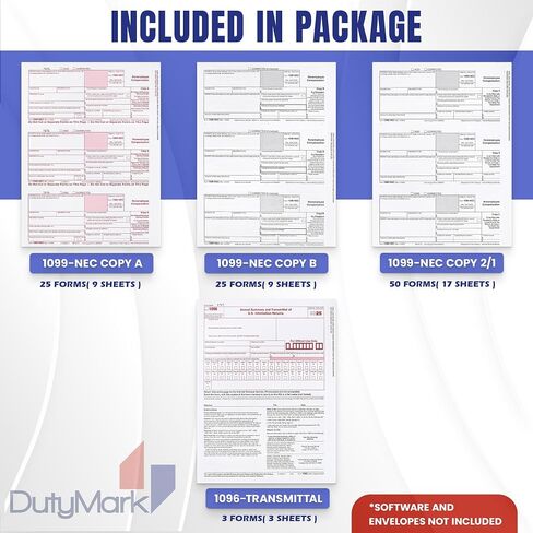 Dutymark 1099 NEC Forms 2023 4-Part Tax Forms Kit, Compatible with QuickBooks and Accounting, 25 Pack, Software and Envelopes NOT Included Software, Made in The USA in Saudi Arabia