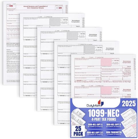 Dutymark 1099 NEC Forms 2023 4-Part Tax Forms Kit, Compatible with QuickBooks and Accounting, 25 Pack, Software and Envelopes NOT Included Software, Made in The USA in Saudi Arabia