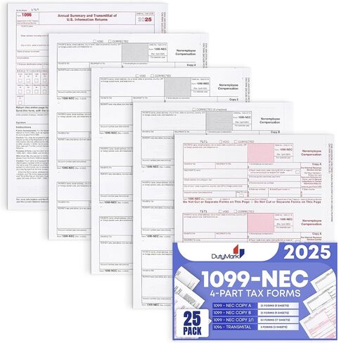 Dutymark 1099 NEC Forms 2023 4-Part Tax Forms Kit, Compatible with QuickBooks and Accounting, 25 Pack, Software and Envelopes NOT Included Software, Made in The USA in Saudi Arabia