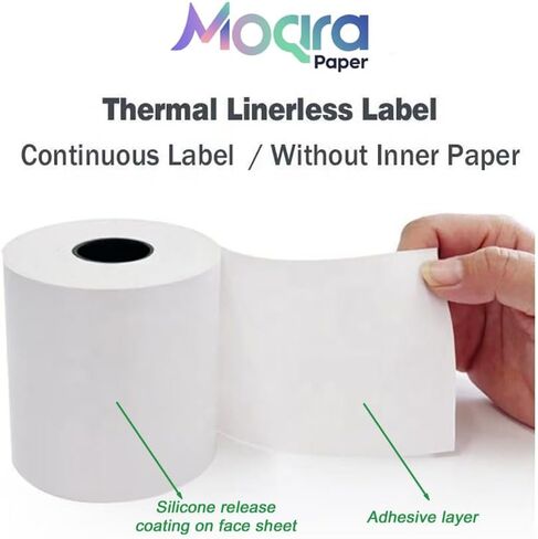 Moqra Sticky Thermal Receipt Paper Rolls (80mm) 3 1/8" x 170' 6 Rolls- Removable Label Compatible with TM-L90ii, TSP654IIsk and other linerless label printers. Works with POS Systems (6 Rolls/Box) in Saudi Arabia