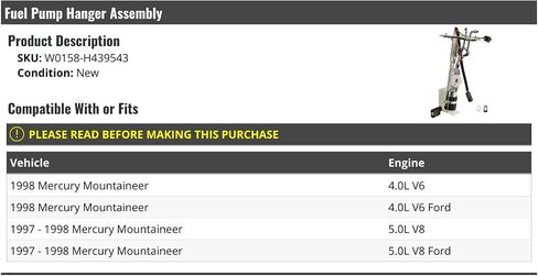 Fuel Pump Hanger Assembly - Compatible with 1997-1998 Mercury Mountaineer in Saudi Arabia